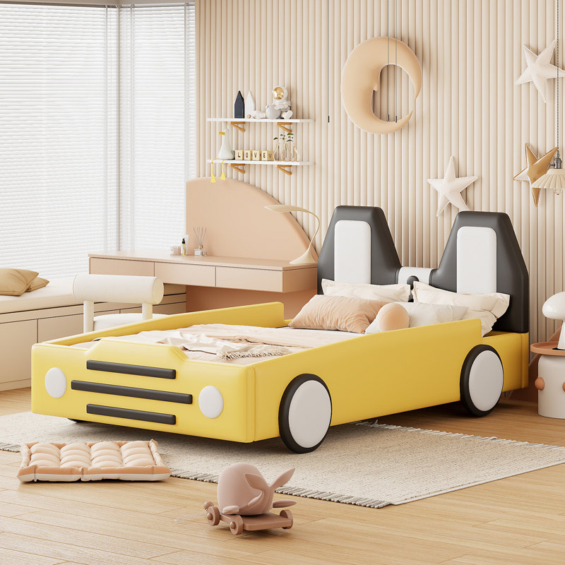 Twin Race Car Bed for Kids, Yellow Car-Shaped Platform Bed with Wheels, Fun Twin Size Bed Frame, Yellow