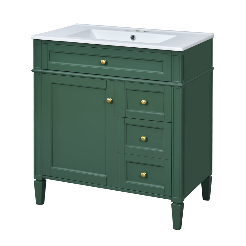 Meuble-lavabo moderne de 76 cm (30 po) à un lavabo, de couleur verte, avec armoire de rangement à 2 tiroirs et organisateur basculant, base en bois massif
