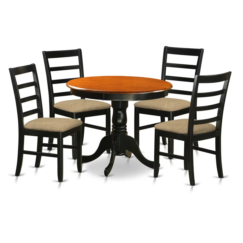 5 Piece Kitchen Table & Chairs Set Includes a Round Dining Room Table with Pedestal and 4 Linen Fabric Upholstered Chairs, 36x36 Inch, Black & Cherry