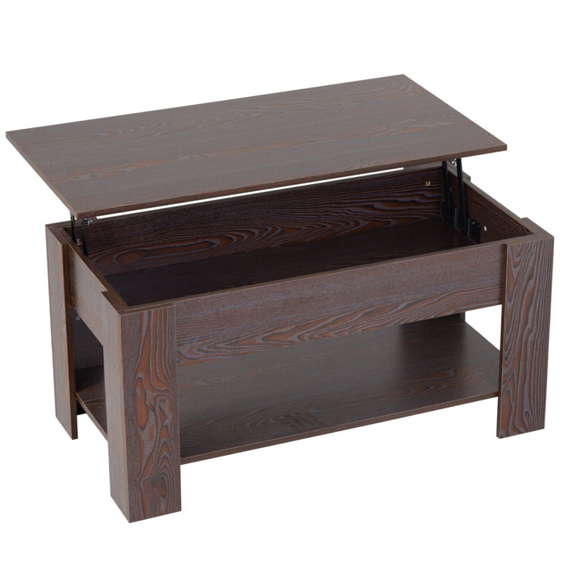 Table basse à plateau relevable avec compartiment caché et tablette de rangement pour table de salon en bois, Espresso