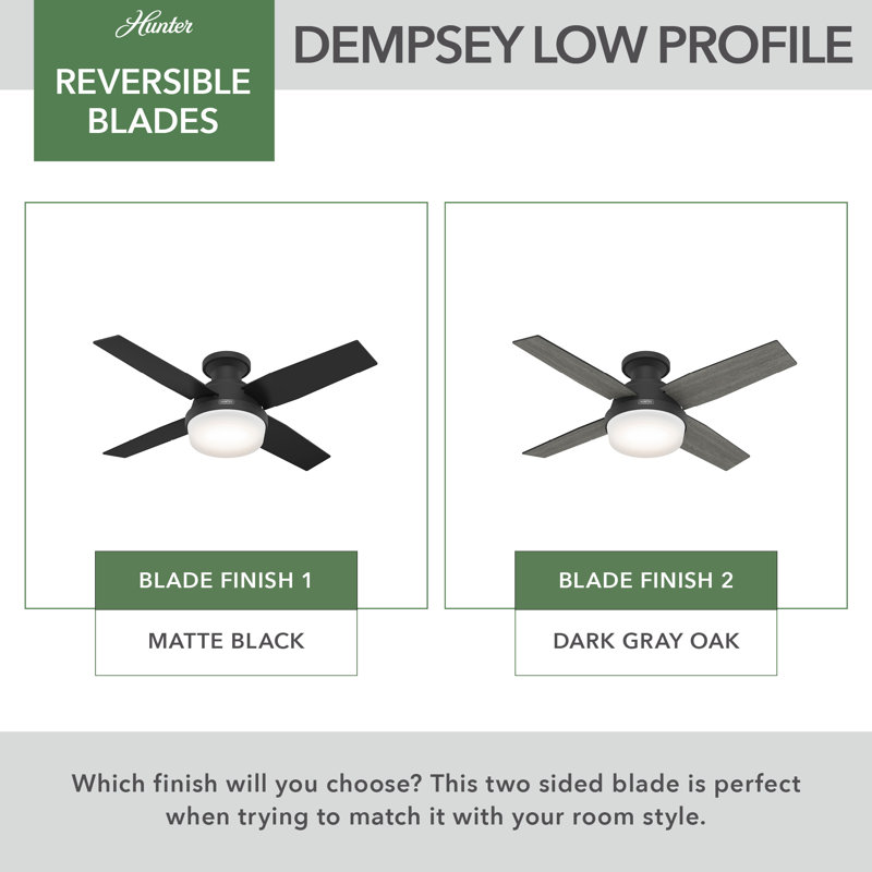 Dempsey Low Profile 44" 4 - Blade Indoor Flush Mount Small Room Ceiling Fan with Lights and Remote, Black