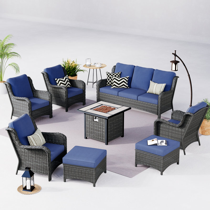 7 - Person Seating Group with Cushions, Denim Blue, Gray