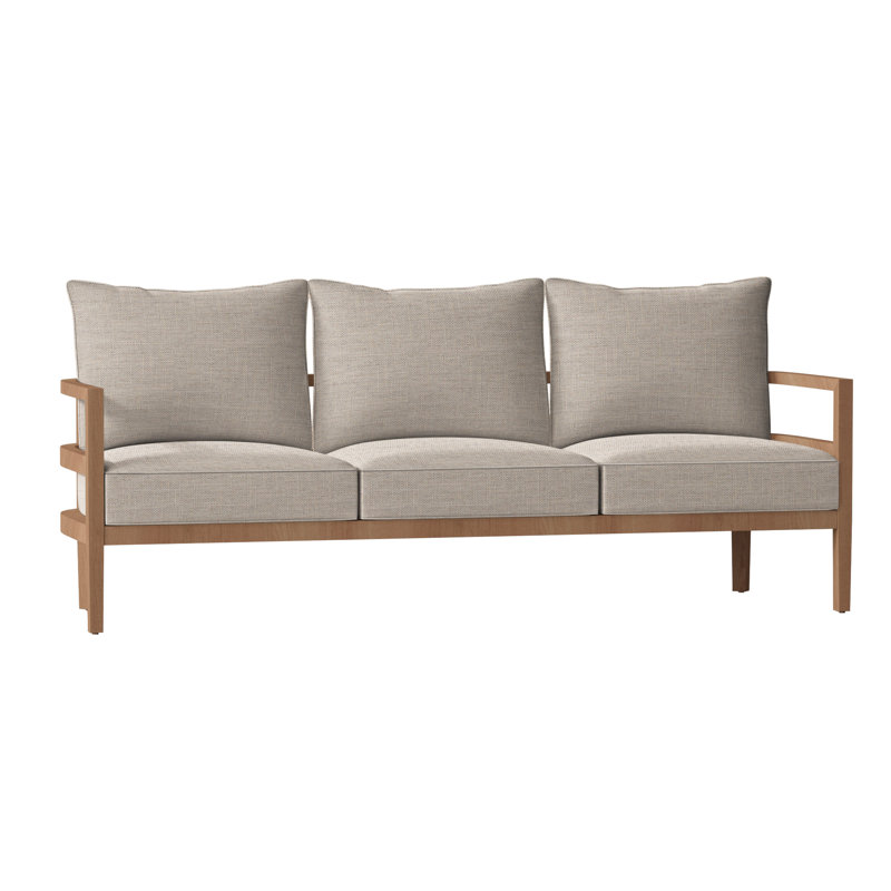 Santa Barbara 87" Wide Outdoor Teak Patio Sofa with Cushions, Natural Teak, Welt, Herringbone Sand