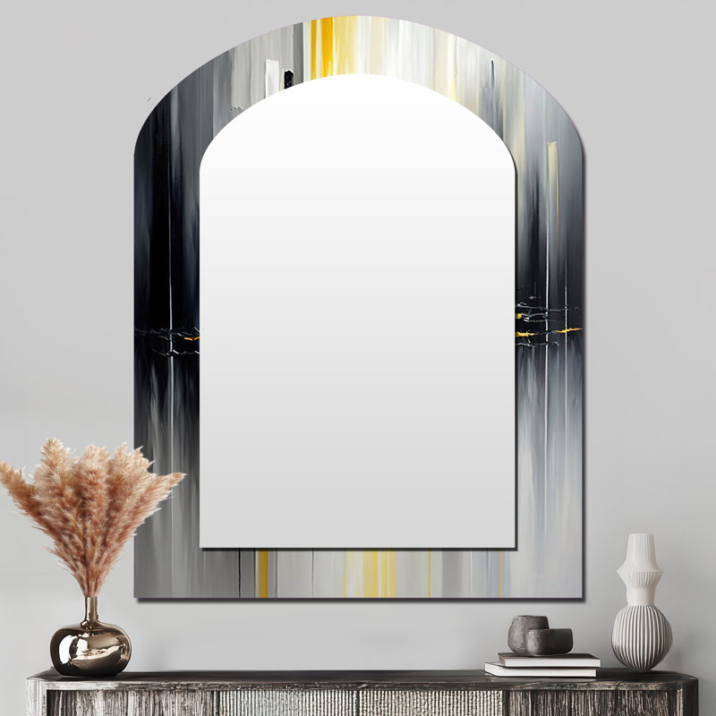 Abstract Geometric Black And Yellow II - Geometric Arch Decorative Mirror, Black Asymmetrical Wall Mirror, Printed Metal Art