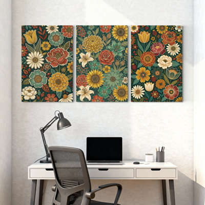 Plantes et fleurs, motif floral avec couleurs vives et motifs détaillés, ensemble de 3 impressions murales sur toile