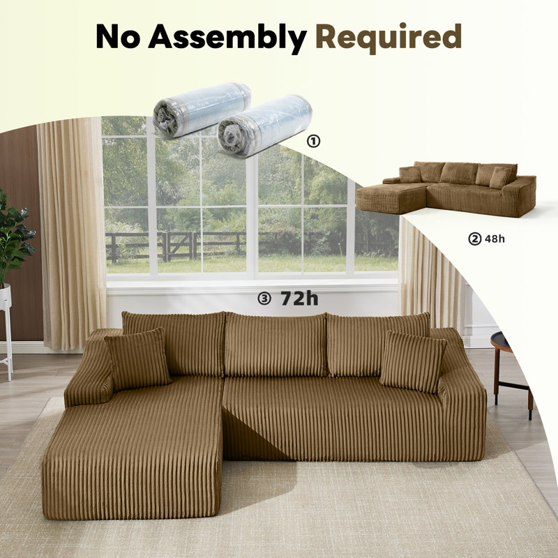 108" Plush Boneless Corduroy Modular Sectional Sofa, Spacious L-Shaped Couch For Cozy Living Spaces, Left Hand Facing, Brown