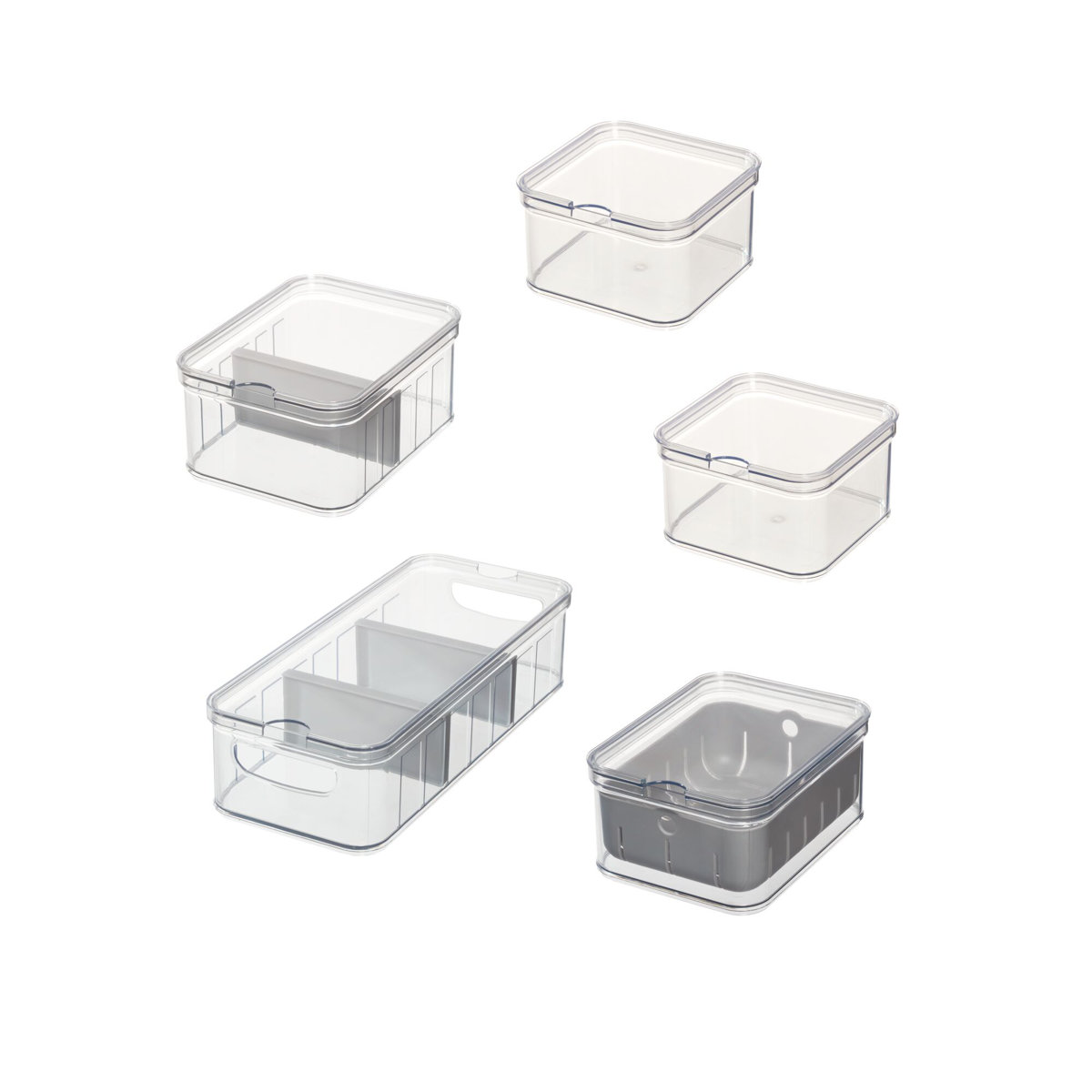 iDesign 5-Piece Recycled Plastic Refrigerator Organizer Bin Set with Lids, Clear/Gray (Set of 5)