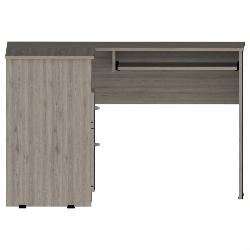 Bureau mixte en forme de L, plateau à clavier, deux tiroirs, tablette ouverte simple, Gris clair