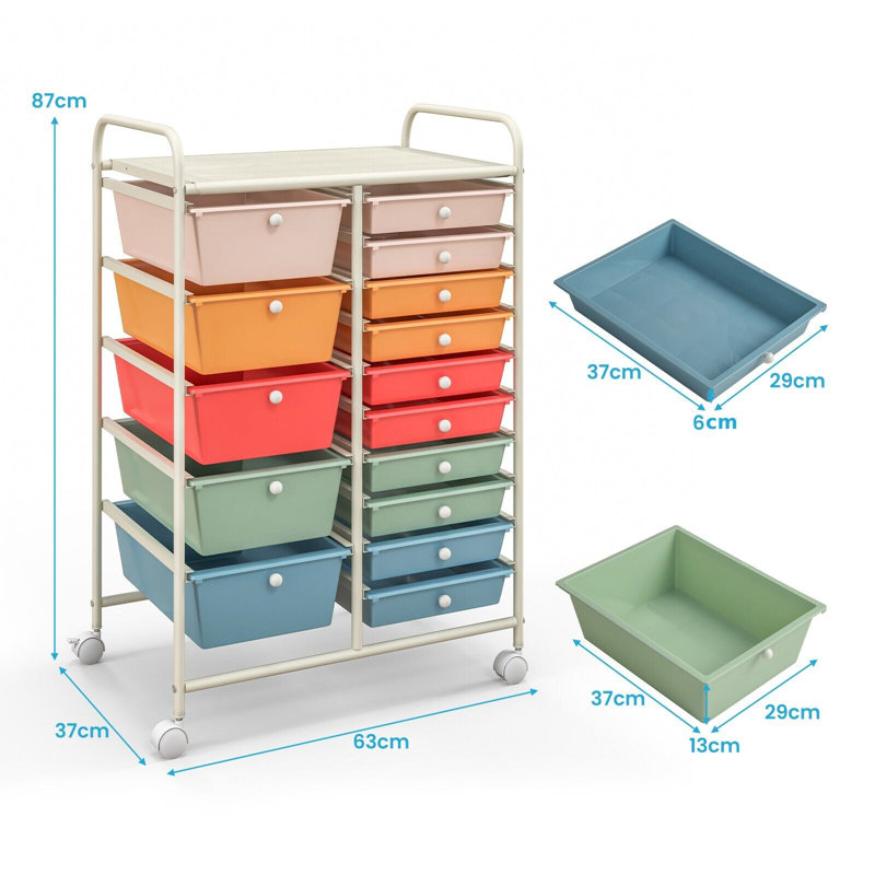 15 Drawer Storage Drawer, Pink/Orange/Red/Teal/Blue