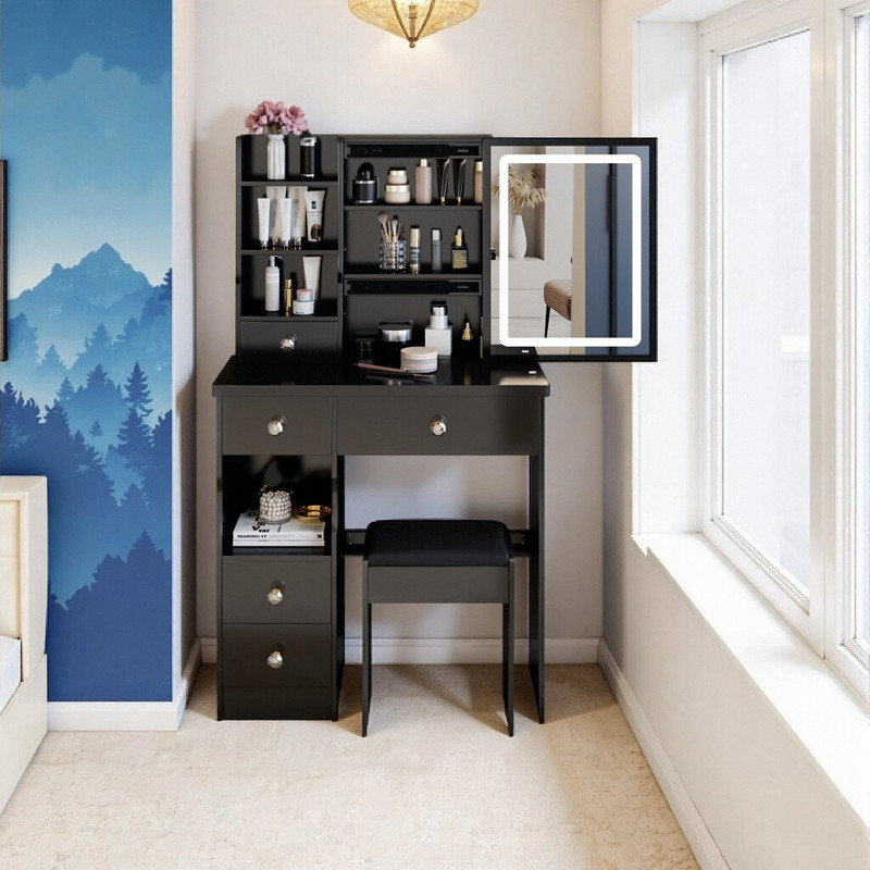 Ensemble coiffeuse 29 po avec miroir à DEL, coiffeuse compacte et tabouret, Noir