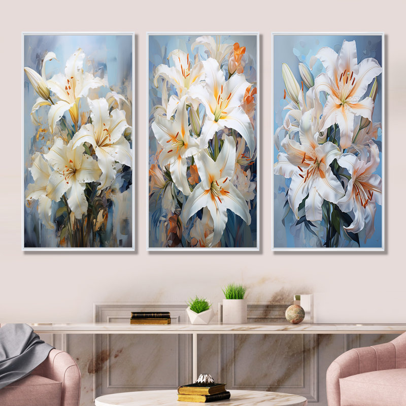 Ensemble de 3 impressions murales beige et jaune Pure Lily Beauty Whispers, H 40 po x l 60 po, Cadre flottant blanc