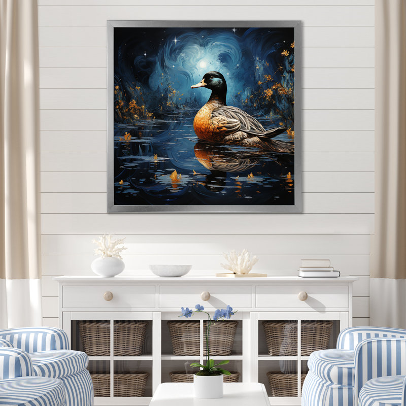 «Blue Duck Midnight Ponder III», art mural animal canard, Cadre simple argenté, H 16 po x l 16 po x P 1 po