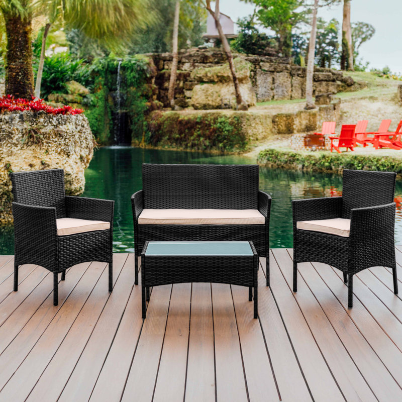 Ensemble de conversation pour terrasse 4 personnes, Cadre noir / coussin beige
