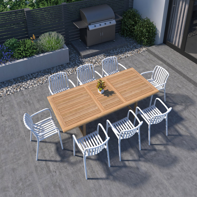 Amazonia 9Pc Dayane FSC Teak And Resin Outdoor Rectangular Patio Extendable Dining Set, White