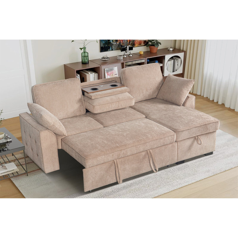 Ensemble multifonctionnel à 3 places avec plateau porte-gobelet amovible, méridienne de rangement et aménagement modulaire, sièges modulaires brun rembourrés en chenille douce, aménagement caché