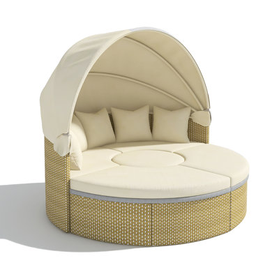 Patio Round Rattan Daybed Two-Tone Weave Sunbed With Retractable Canopy And Cushions by Bayou Breeze