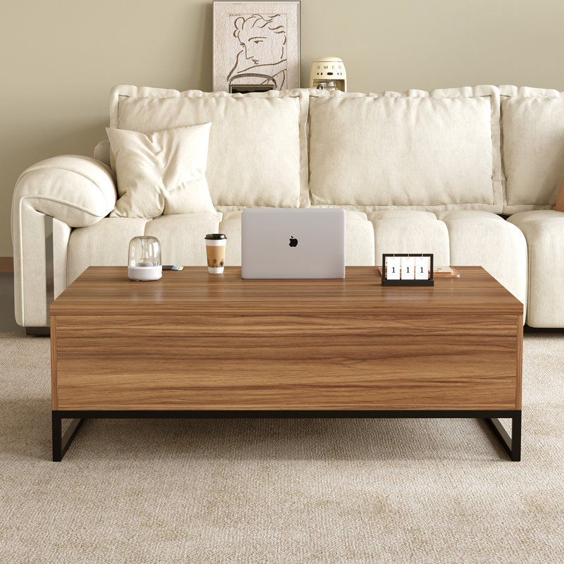Table basse à plateau relevable de 43,3 po avec rangement caché, table basse en bois de noyer avec cadre en métal noir pour le salon