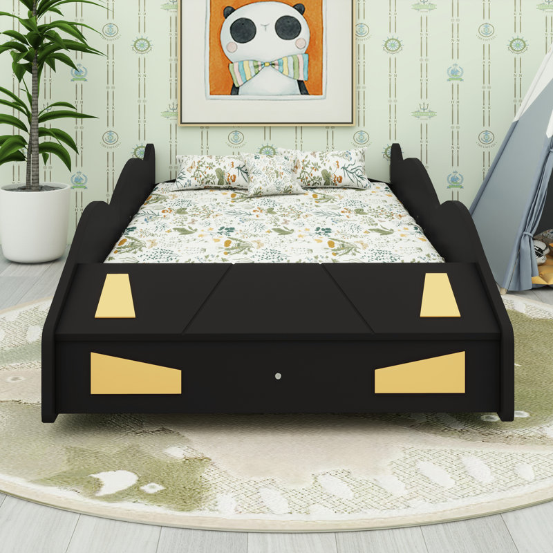 Solid Wood Race Car Platformed Bed With Safety Guardrails, Storage Space And Wheels, Twin, Black
