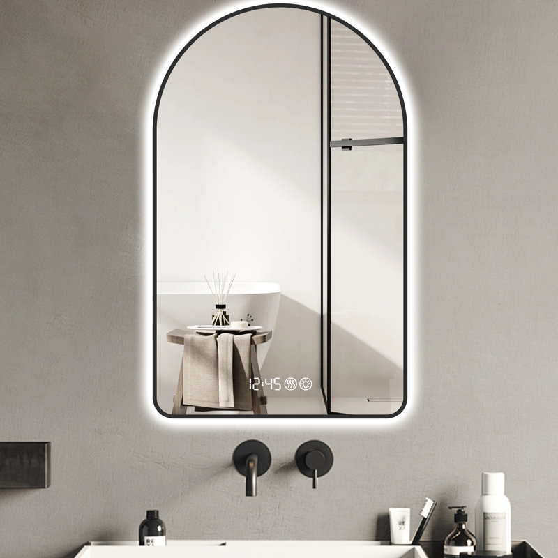 Miroir arqué moderne 32 po x 60 po pour salle de bain avec fonction de température et de temps, rétroéclairage, fonction de brouillard, 3 lumières de couleur réglables, cadre de salle de bain en aluminium noir, indicateur, brouillard, niveau de contrôle,