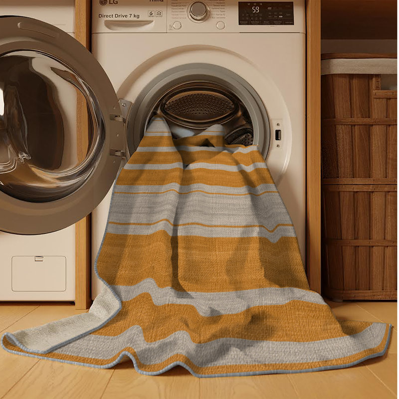 Washable Ochre Light Gray Striped Area Rug, Rectangle 3' x 5'