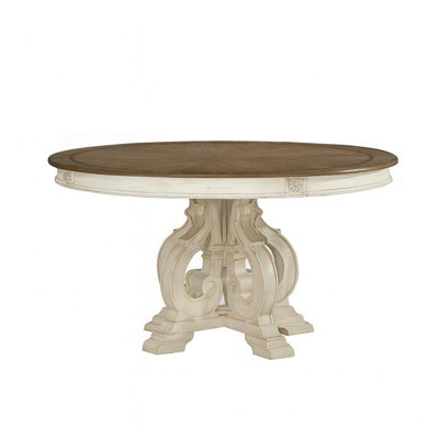 Table de salle à manger ronde à piédestal traditionnel au fini blanc antique