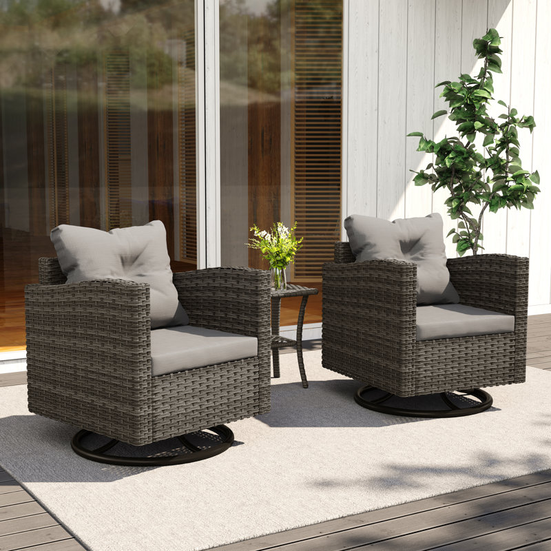 3 Piece Rattan Seating Outdoor Conversation Group with Cushions and Swivel Chairs, Gray