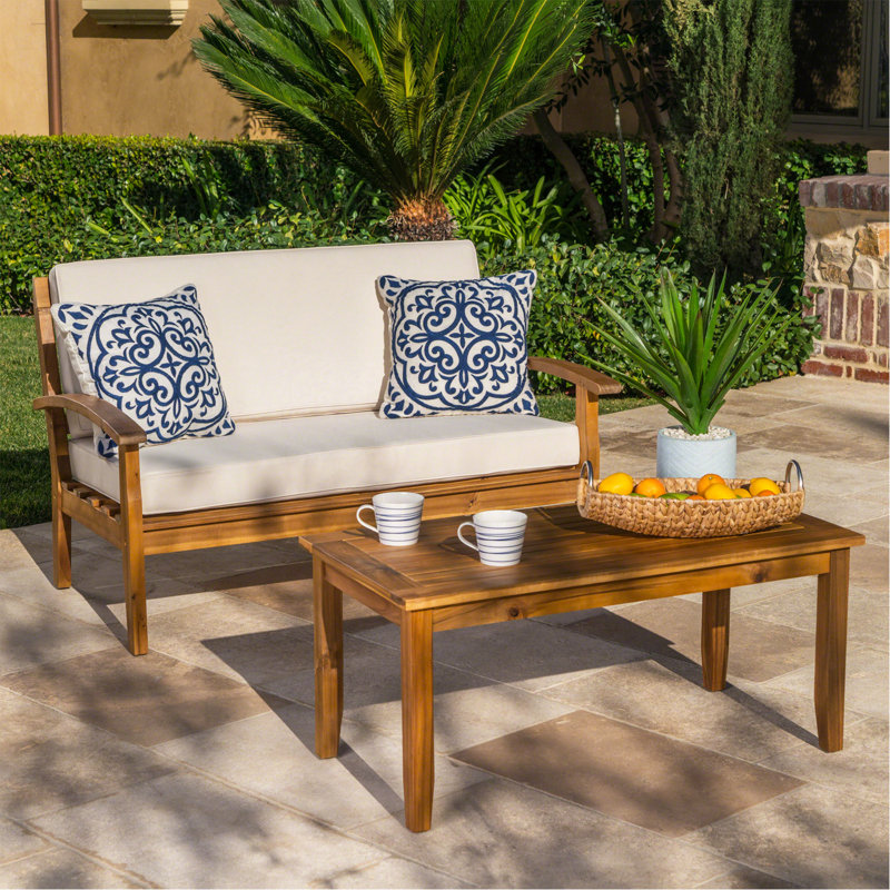 Causeuse + table basse, Beige, Teck