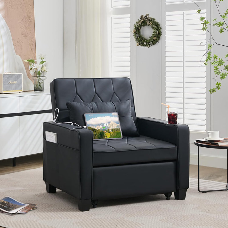 Upholstered Accent Chair, Faux Leather, Black
