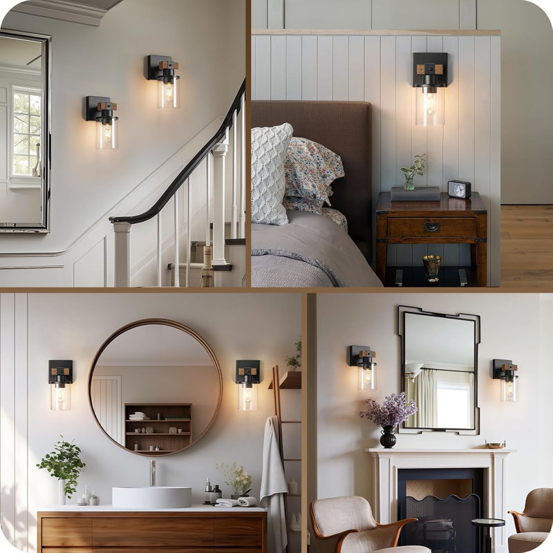 Ensemble de 2 appliques murales rustiques en métal et bois avec abat-jour en verre transparent Rustic Farmhouse