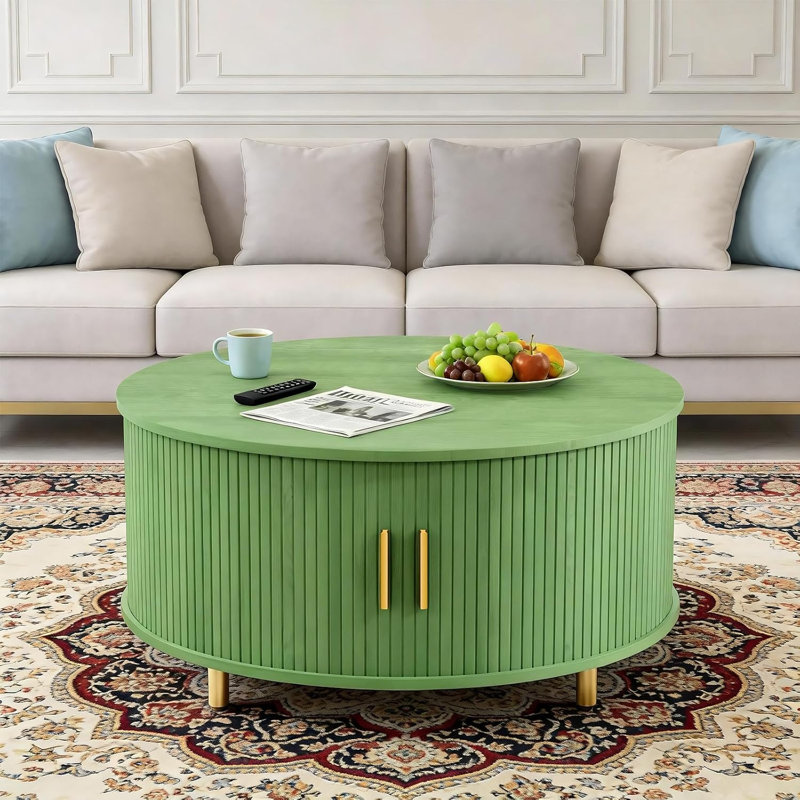 Table basse ronde avec rangement, table basse moderne Mid-Century 31,5 "avec porte coulissante incurvée à 360 °, Vert