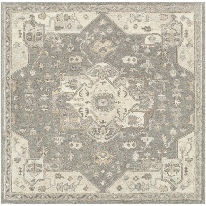 Tapis oriental gris anthracite / taupe en laine touffeté à la main Burkouer, Carré 4 pi