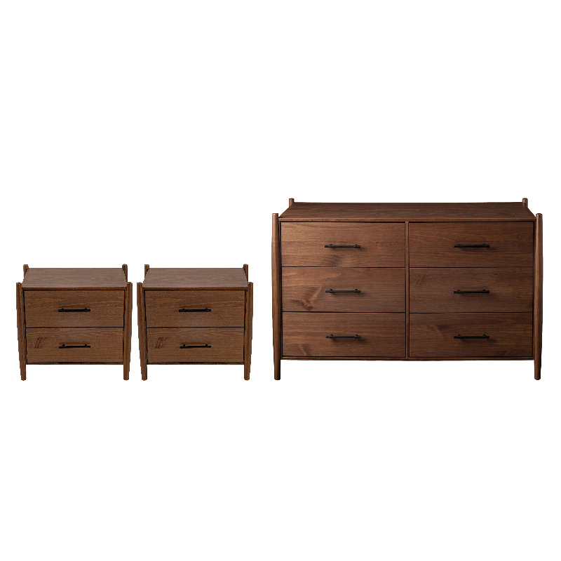 Ensemble de chambre à coucher Josiah 3 pièces en bois massif avec commode à 6 tiroirs et deux tables de chevet à 2 tiroirs