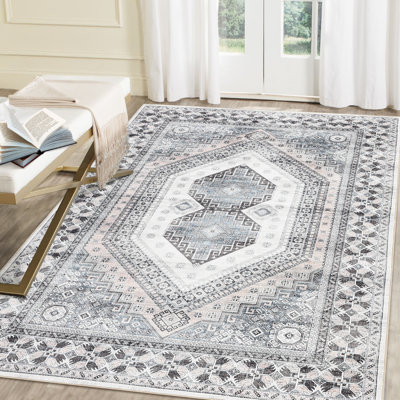 Living Room Rugs 9x12 Large Vintage Printed Area Rugs, Stain-Resistant Oriental Medallion Carpet with Non-Slip Backing, Washable Traditional Low Pile Indoor Carpet for Bedroom, Beige Gray