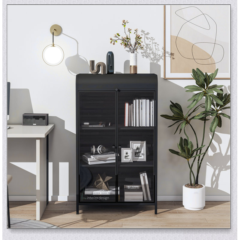 Storage Cabinet With Glass Doors, Flip-Top, And 4-Tier Display Shelves For Versatile Home Use