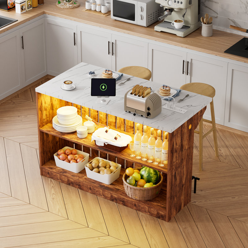 Multifunctional Kitchen Island with LED Lights & Expandable Faux Marble Top, 2-Tier Storage, USB Ports & AC Outlets, Remote Dimming for Kitchen & Dining