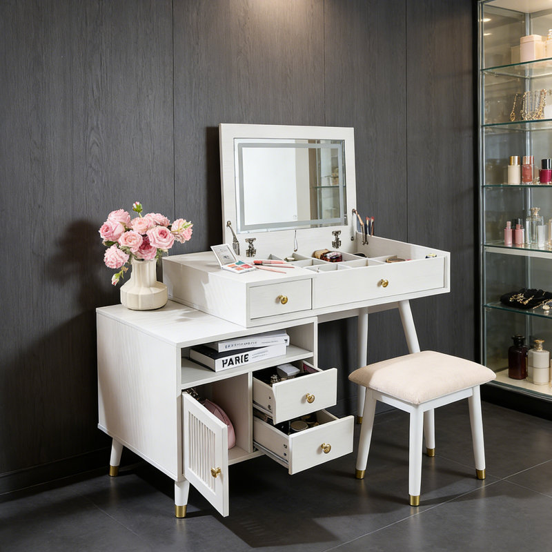 Meuble-lavabo de maquillage avec miroir à DEL rabattable, armoire latérale réglable et tabouret
