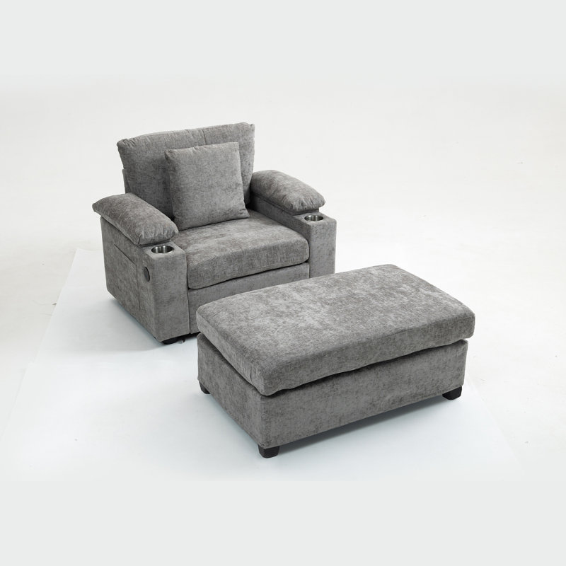 Fauteuil confortable en chenille gris avec porte-gobelets encastrés et accoudoir à abaissement lent pour conversion de lit surdimensionné recouvert d’appartement, ports de charge