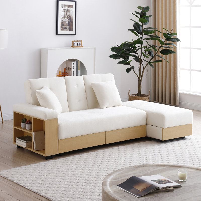 Lit double pliant beige avec rangement, accoudoirs, table rabattable, 2 porte-gobelets, coussins, accoudoirs réversibles, lin en coton, mousse haute densité, cadre en bois pour bureau multifonctionnel convertible