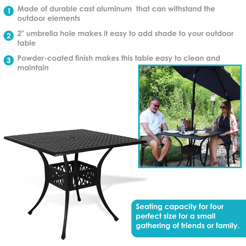 Black Cast Aluminum Square Outdoor Dining Table with Umbrella Hole