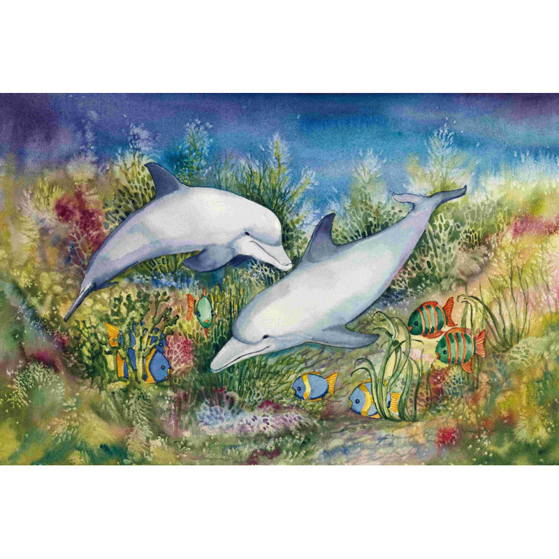 «Dolphin Duo» par Kathleen Parr McKenna - reproduction sur toile tendue, H 32 po x l 48 po