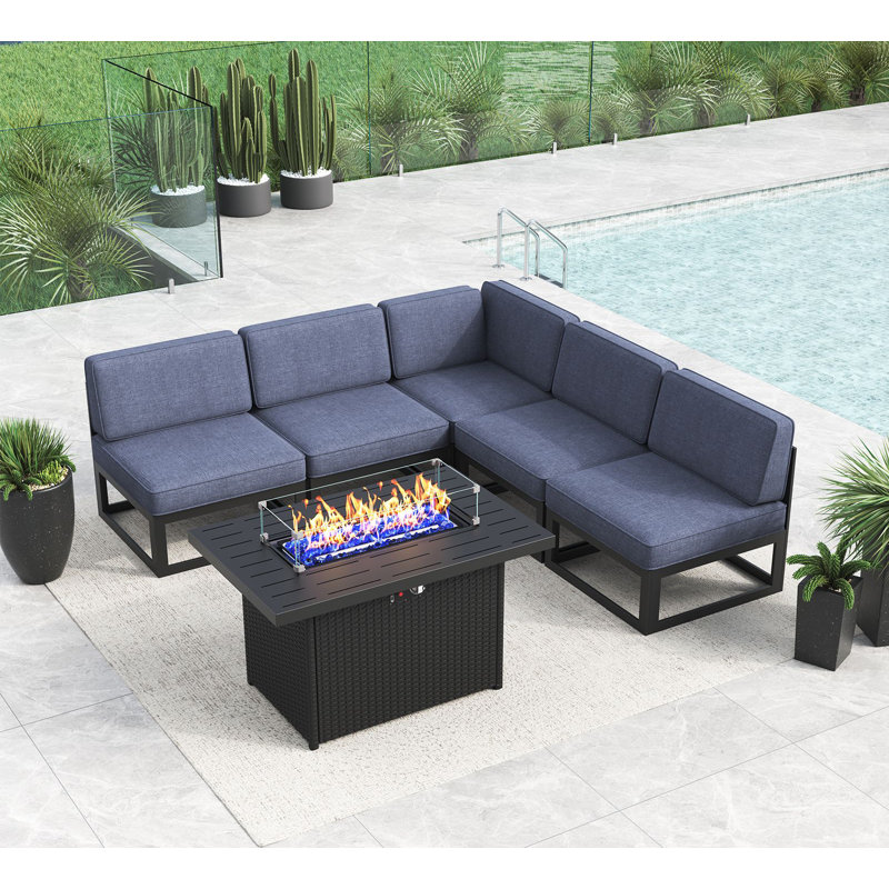 6 - Piece Outdoor Modular Sectional Set with Fire Table, Navy Blue