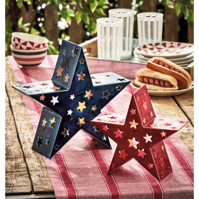 Enamel Star Led Tealight Candle Holder Large Blue Iron Everyday, Blue, 11.5" H x 4" W x 12" D
