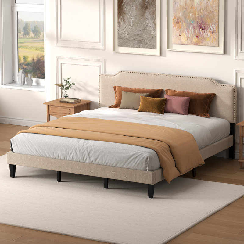 Upholstered Panel Bed with Nailed Headboard, King, Beige