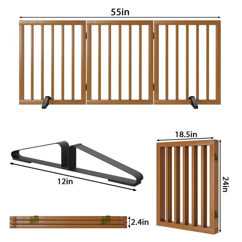 Barrière pour animaux autoportante en bambou pliable à 3 panneaux avec pieds de support pour escaliers, Noyer