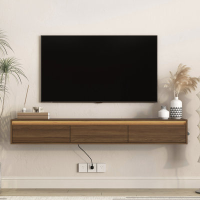 Meuble télé flottant, meuble télé mural avec lumières DEL et prise de courant, meuble télé ultrabrillant pour meuble télé de salon