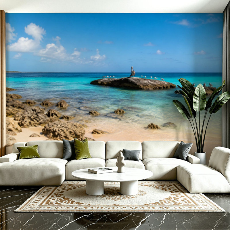 Papier peint adhésif auto-adhésif moderne pour la chambre à coucher avec oiseaux de mer plage tropicale L 100 po x l 144 po Peel and Stick