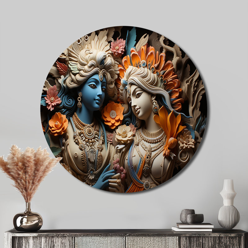 Hindouisme Krishna kaki dieux - art mural rond spirituel en métal, H 23 po x l 23 po