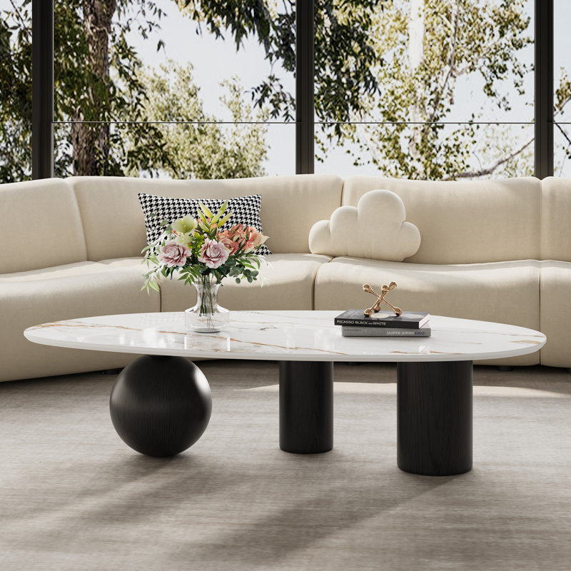 Table basse moderne 54 po avec base en acier inoxydable noir, plateau en pierre frittée blanche, forme libre, Blanc