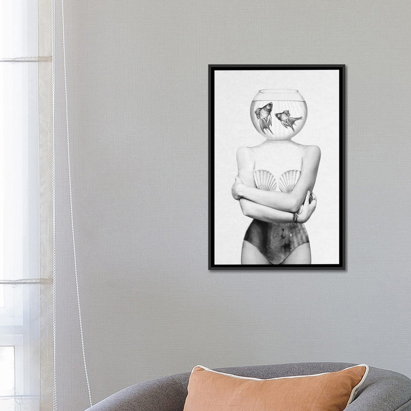 « poissons », impression sur toile tendue, H 26 po x l 18 po x P 1,5 po, Toile avec cadre noir, Pas de tapis