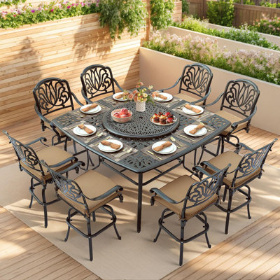  10-Piece Outdoor High Patio Dining Set, Free-Rust Cast Aluminum Patio Bar Table and Chairs Set, Includes 8 Swivel Bar Stools & 63.98" Bar Height Dining Table W/ 35.38" Lazy Susan, Umbrella Hole